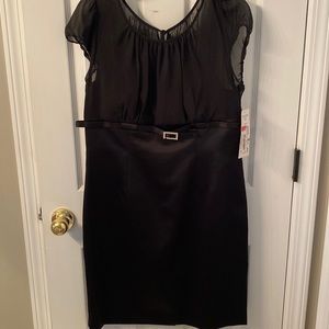 Puff sleeve cocktail dress with satin skirt and jeweled belt